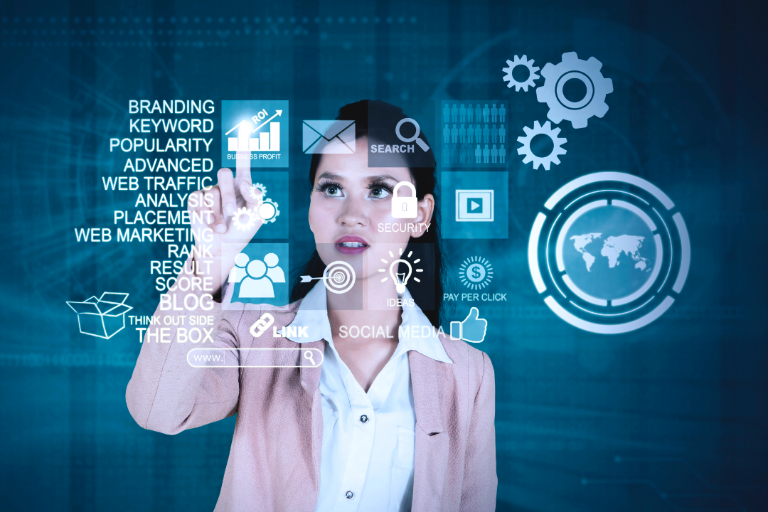 A desktop setup with multiple SEO tools open, such as Yoast SEO, Google SERP preview, and Ahrefs dashboards. A professional marketer reviewing data and writing optimized meta tags.